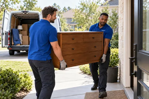 Two movers carrying a wood dresser toward the entrance of a home