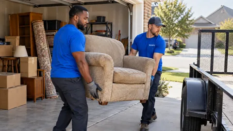 Two movers carrying an armchair from a garage toward a utility trailer